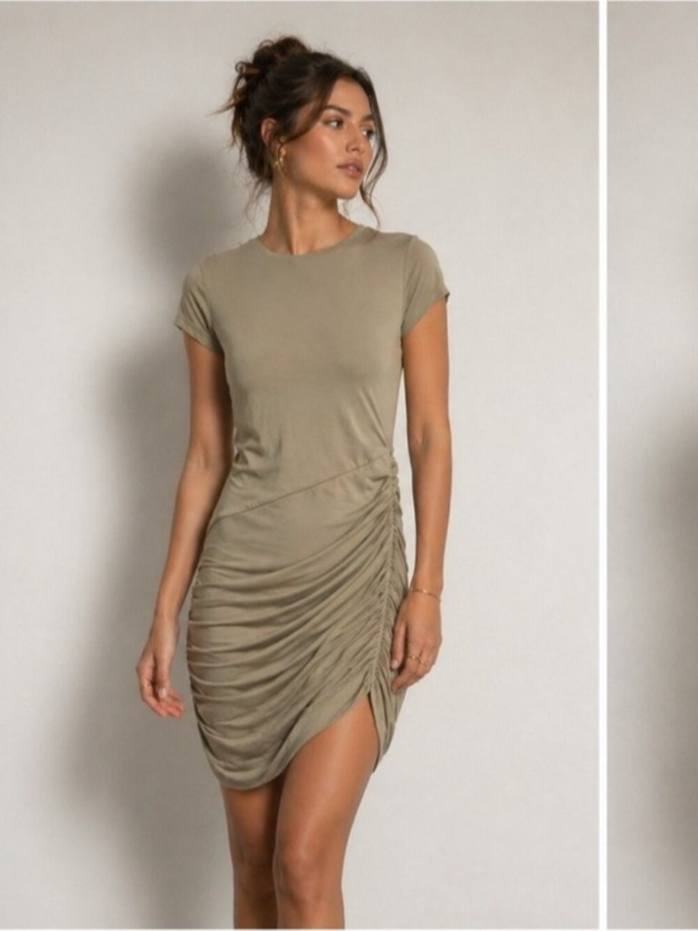 MESHKI Ruched Asymmetrical Mini Dress – Size S – Khaki